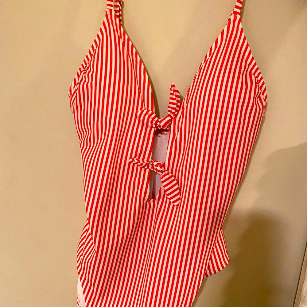 One piece red stripped bathing suit